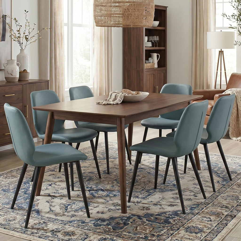 Leather Dining Chairs Set of 6, Mid Century Modern Dining Chairs Upholstered Kitchen Dining Room Chairs with Metal Legs Adjustable Feet for Living Room Lounge Restaurant, Comfortable Seat, Green