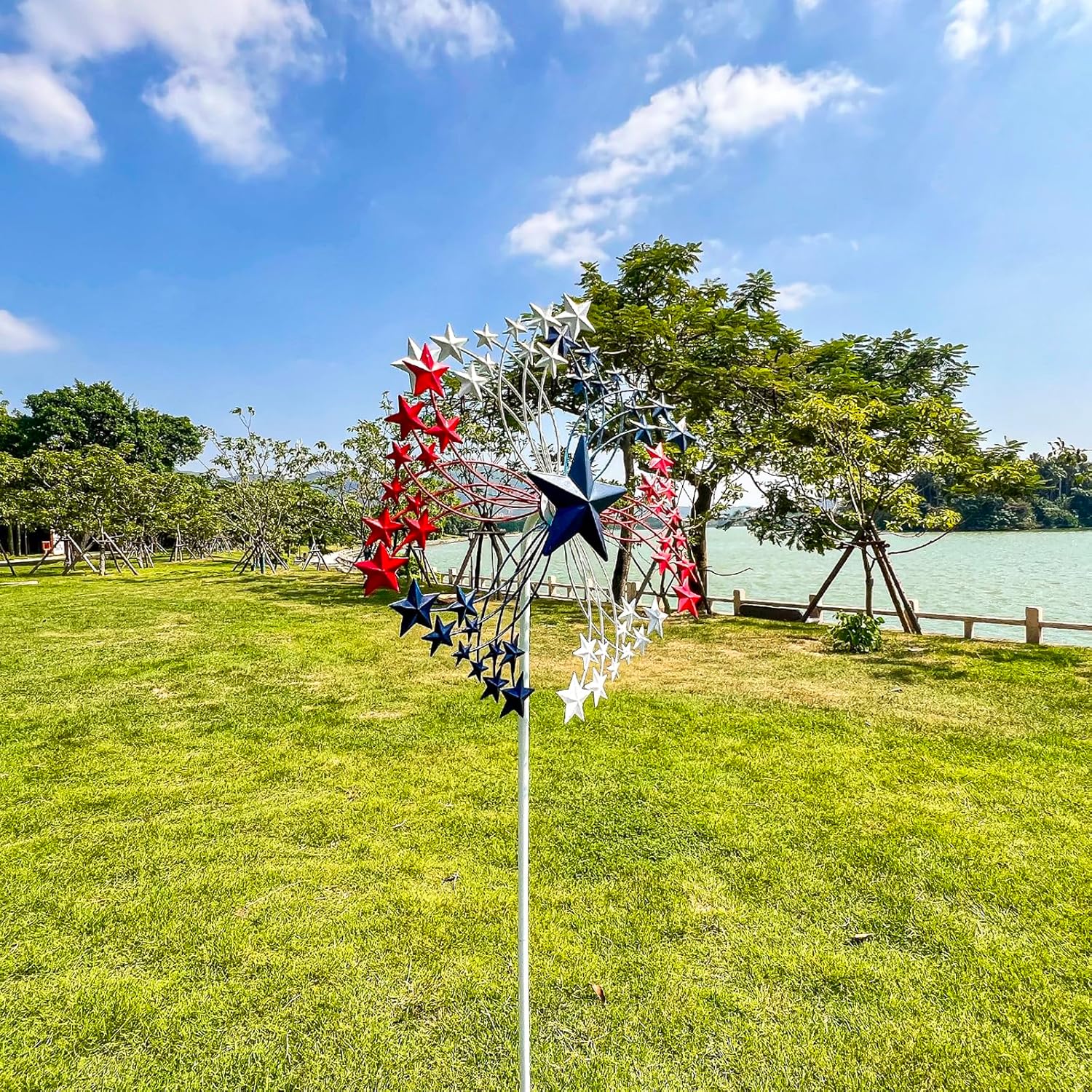 47.3” Red White & Blue Patriotic Wind Spinner – Star Design American Flag Spinner Outdoor – Metal Garden Spinners for Yard, Lawn & Patio Decor