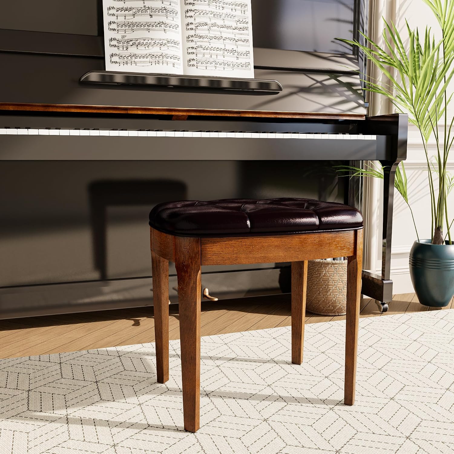 Vanity Stool Bench with Upholstered, Modern Luxury Wood Stool ,Ottoman Shoe Bench for Living Room, Vanity, Entryway, 19.3"L x 14.9"W x 19.3"H Easy Assembly, Beeswax Leg & Dark Brown FD-HNY-DB