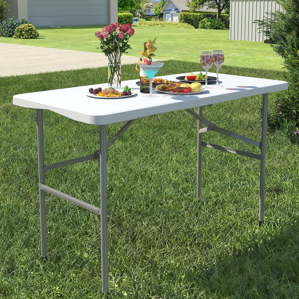 4 FT Folding Tables for Camping Party Picnic, Dinning, School, White | 4 Foot Plastic Foldable Table, Portable Heavy Duty Fold Up Table with Lock Function & Carrying Handle for Indoor Outdoor Use