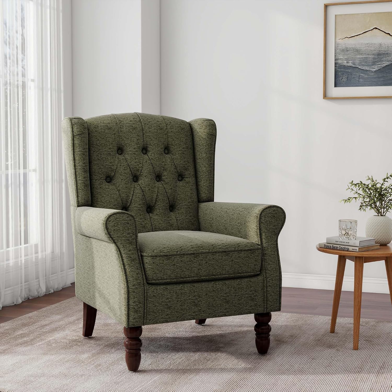 Accent Chair, Upholstered Armchair with Button Tufted High Back & Solid Wood Legs, Comfy Wingback Reading Single Sofa Chair for Small Spaces, Living Room, Bedroom