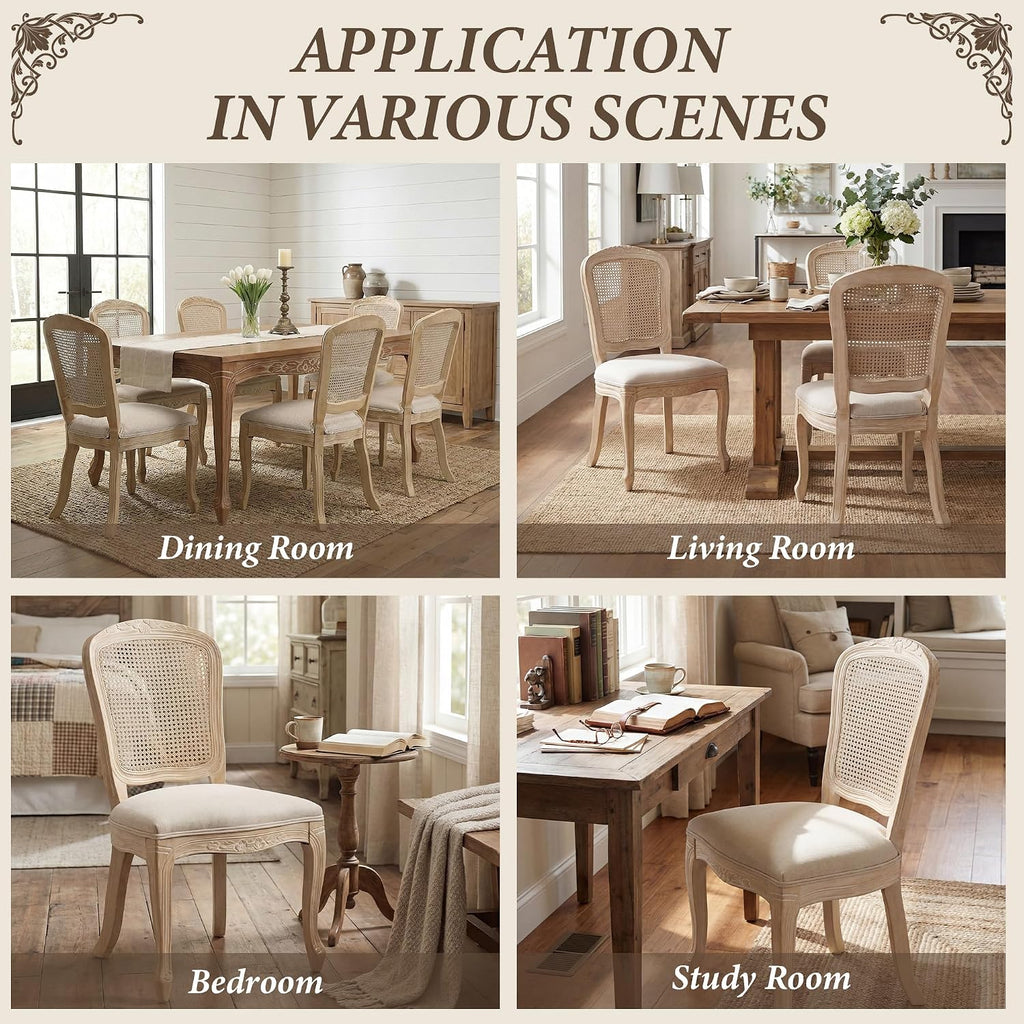 Wicker Dining Chairs Set of 4, Upholstered Linen Fabric Dining Room Chairs with Square High Rattan Back Farmhouse French Kitchen Chairs for Dining Table/Living Room/Restaurant, Cream