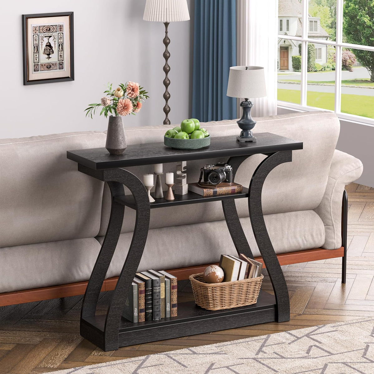 Wood Console Table, 3-Tier Accent Sofa Table (Black)