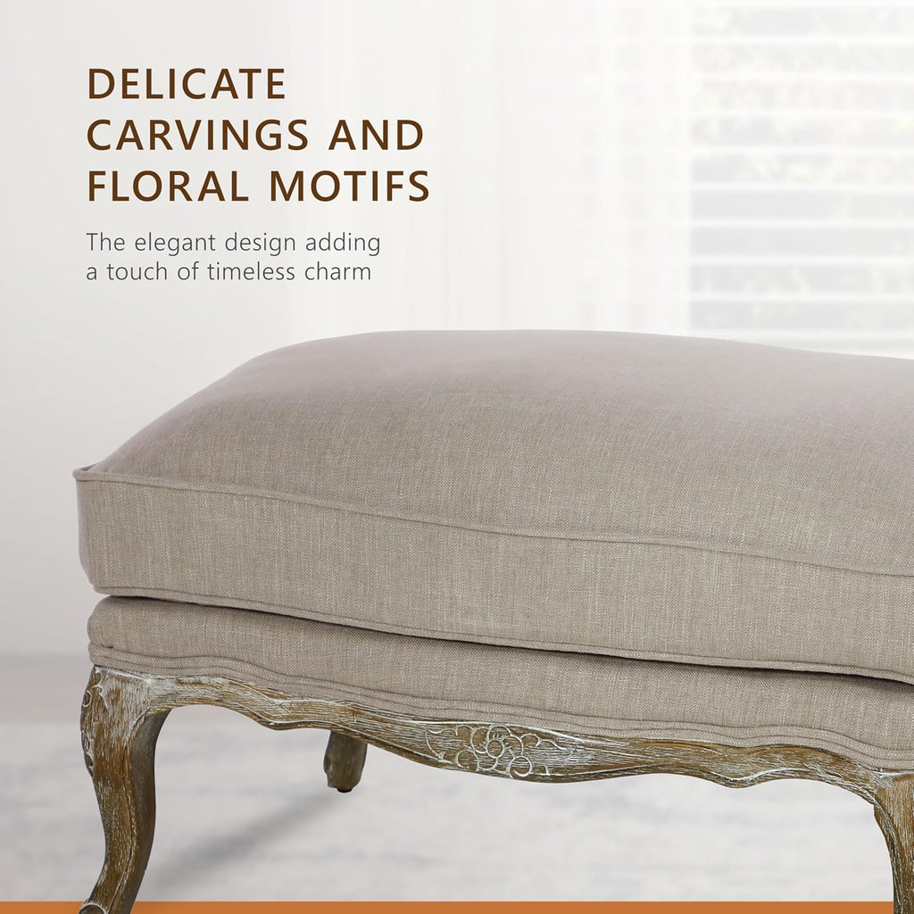 Lexicon Parlier Show Wood Ottoman - Rectangle Ottoman Pouf Foot Rest, Floral Motif, Solid Wood Frame, Feathered Down Filled Cushion, Fully Assembled, 32" L x 25.5" W x 20.5" H, Neutral