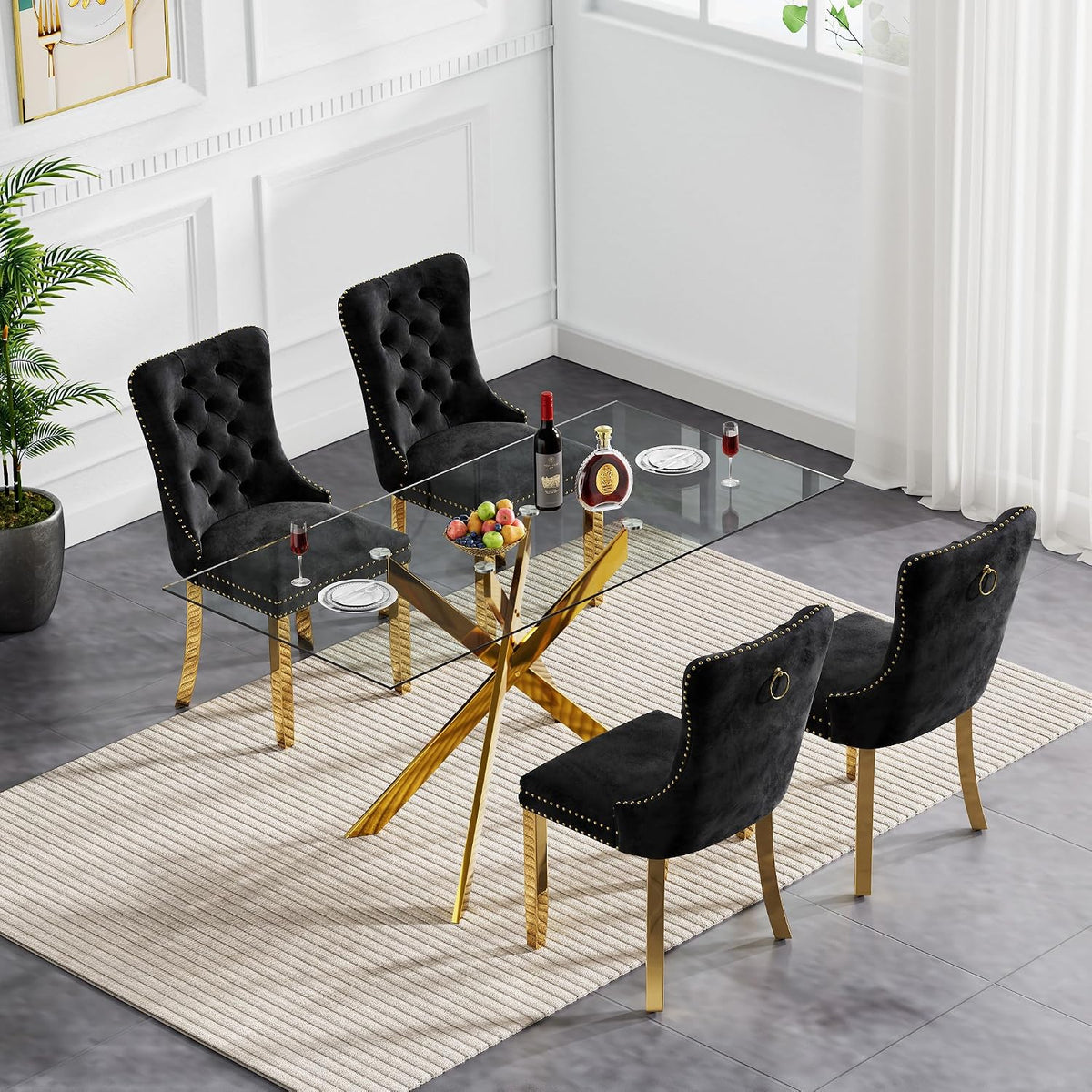5 Piece Dining Table Set Rectanglar Glass Dining Set for 4 Modern Small Kitchen Table Set with 4 Upholstered Chairs for Apartment Dining Kitchen Room (Gold Table & Black Chair)