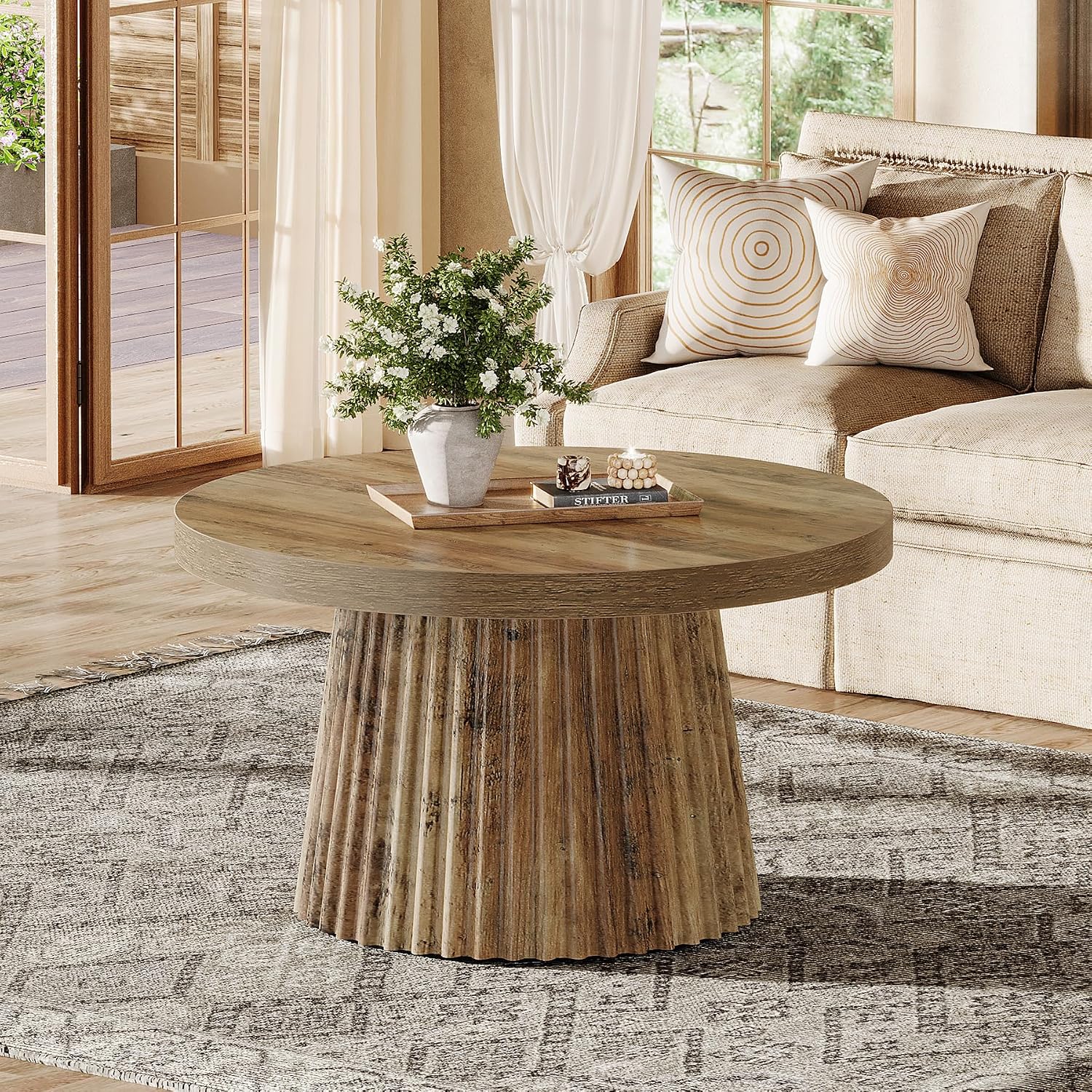 Tribesigns 31.5" Round Coffee Table, Modern Fluted Drum Coffee Tables for Living Room, Wood Farmhouse Boho Accent Pedestal Center Table for Apartment, Small Space, Brown