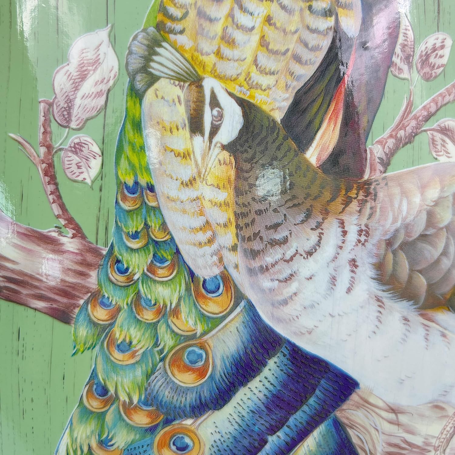 Hand-Painted Floral Bird Ceramic Drum Stool - Oriental Artistry Storage Ottoman, Accent Seat, End Table (Peacock‘s Majestic Bloom（Green）)