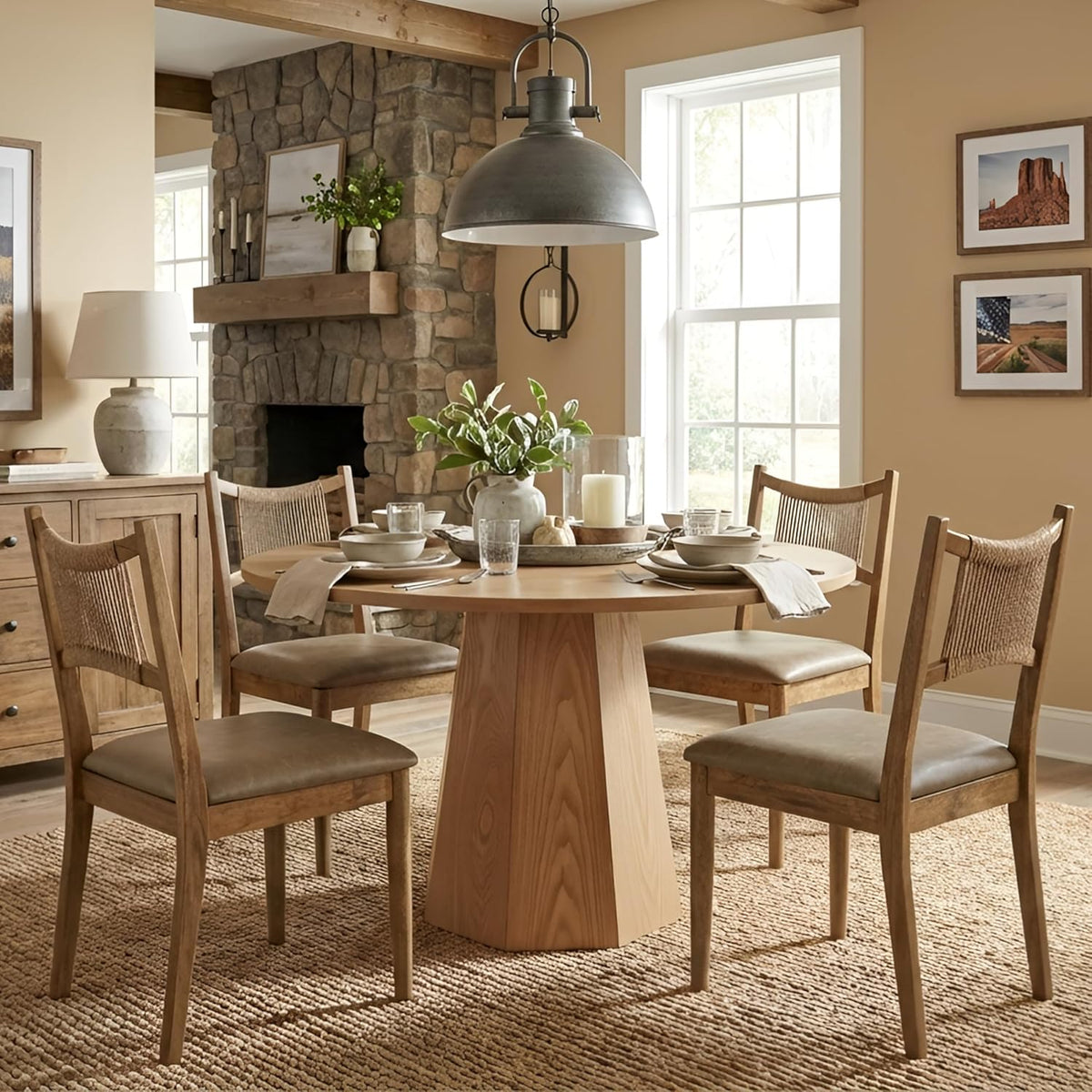 RIVOVA Wooden Dining Chairs Set of 4 PU Leather Upholstered Dining Room Chairs Kitchen Side Chair with Woven Seagrass Back Farmhouse Dinner Chair, Brown