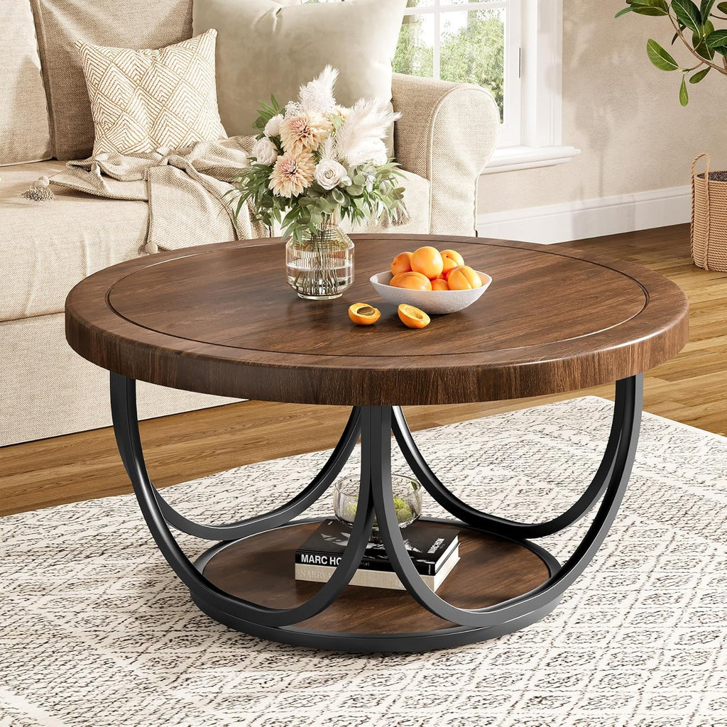Tribesigns Round Coffee Table with 2 Tiers, 31.5" Wooden Circle Accent Cocktail Table with Storage Shelf and Metal Frame, Industrial Center Tables for Living Room, Brown & Black