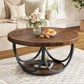 Tribesigns Round Coffee Table with 2 Tiers, 31.5" Wooden Circle Accent Cocktail Table with Storage Shelf and Metal Frame, Industrial Center Tables for Living Room, Brown & Black
