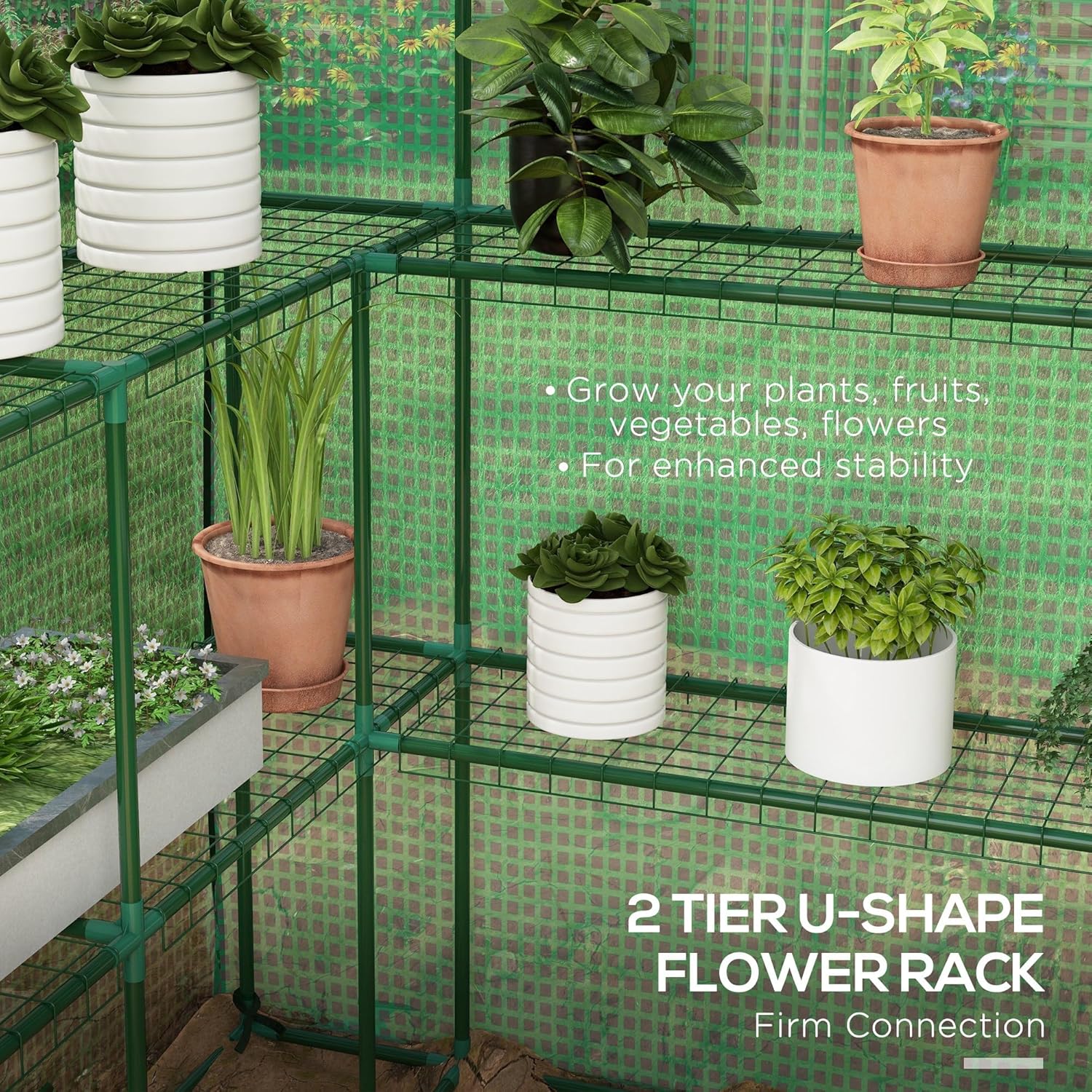 Outsunny 4.6' x 4.7' Portable Greenhouse, Water/UV Resistant Walk-in Small Outdoor Green House with 2 Tier U-Shaped Flower Rack Shelves, Roll Up Door & Windows, Green