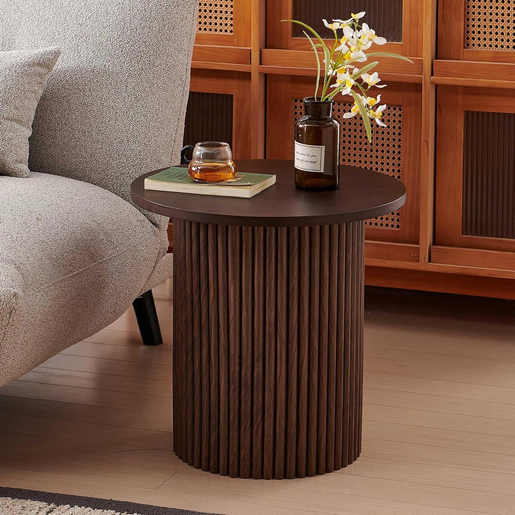 19 Inch Round End Table, Small Accent Pedestal Side Table, Wood Bedside Table for Living Room, Bedroom, Walnut Wood Veneer