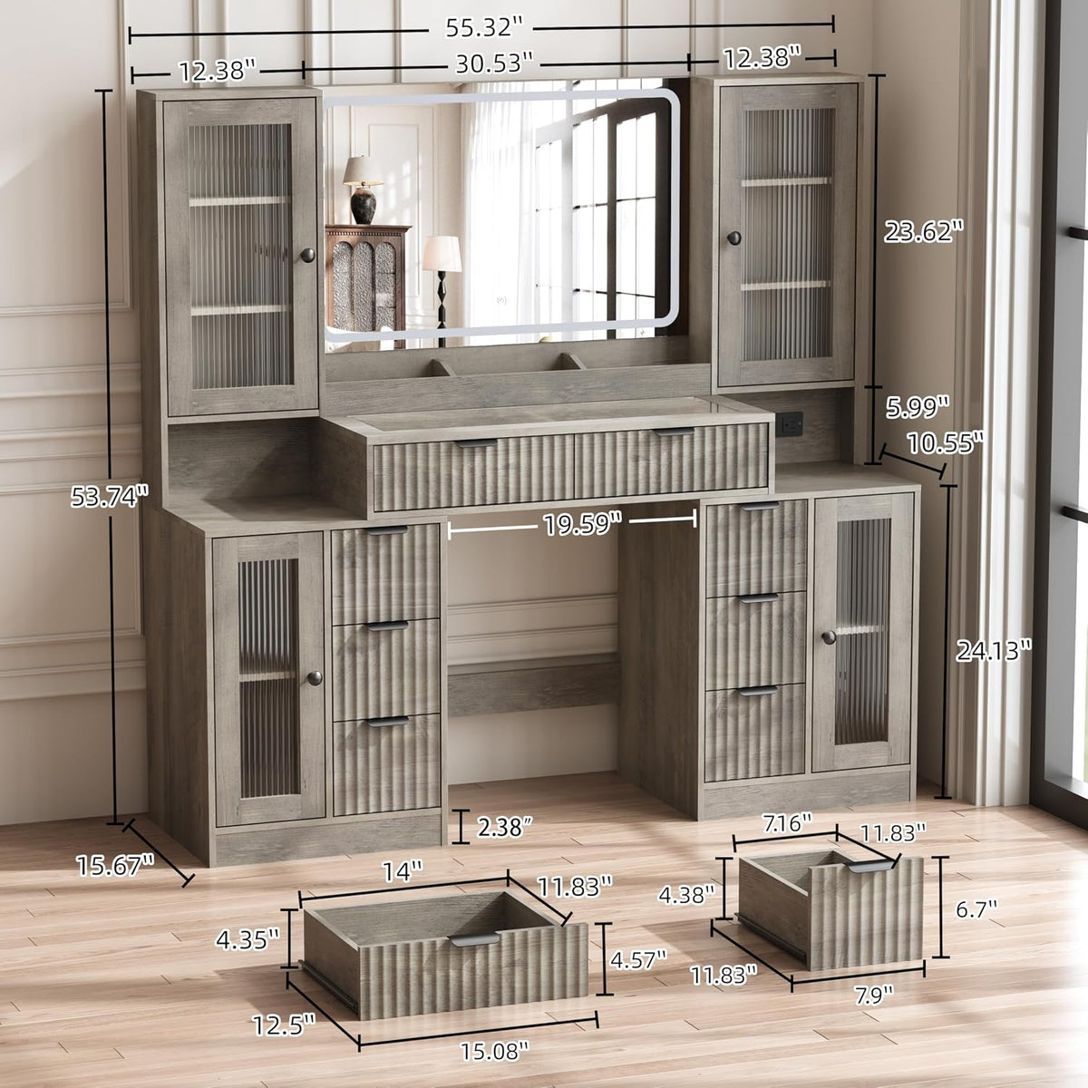 Fluted Vanity Desk with Mirror & Lights | 8 Drawers & 4 Cabinets, Tempered Glass Top, RGB Cabinet Lighting, 3-Color Dimmable Mirror, Charging Station