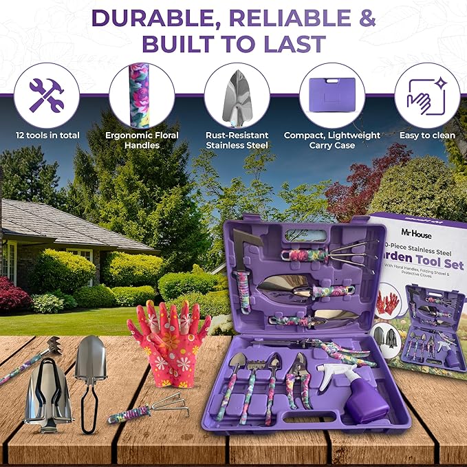 10 Piece Stainless Steel Garden Tool Set with Molded Carrying Case – Heavy Duty Gardening Tools for Women & Men Ergonomic Handles, Rust-Resistant Hand Tools with Folding Shovel, Gloves & Spray Bottle