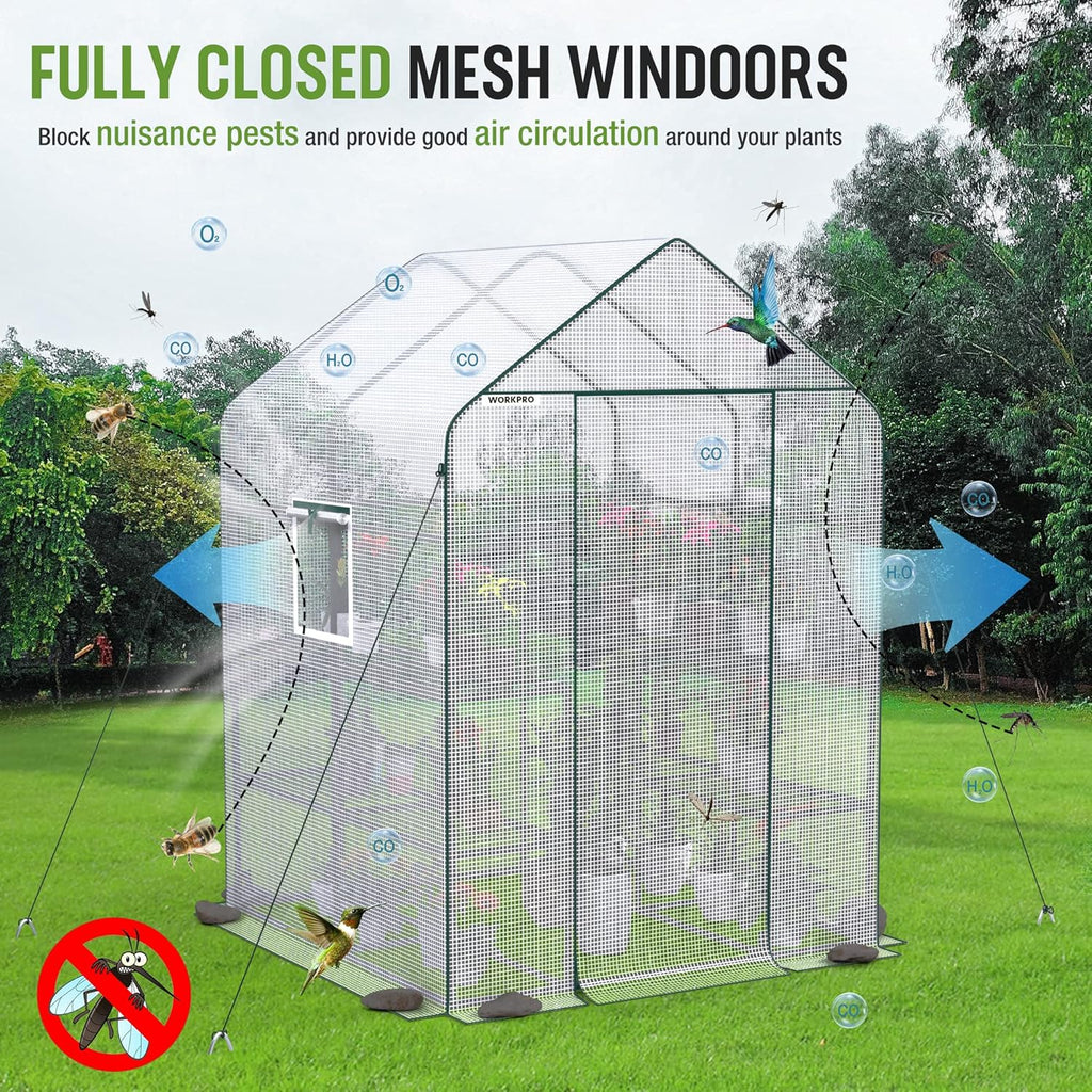 WORKPRO Greenhouse, 56” x 56” x 77” Heavy Duty Walk in Greenhouses for Outdoors with Screen Windows, Thicken PE Cover, 3 Tier 8 Shelves Portable Green House Kit for Patio, Backyard and Porch