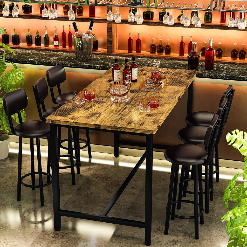 Recaceik 50" Dining Table Set for 6, 7-Piece Counter Height Bar Table Set with Upholstered Stools, Space-Saving Modern Pub Set for Kitchen, Breakfast Nook & Home Bar, Rustic Brown