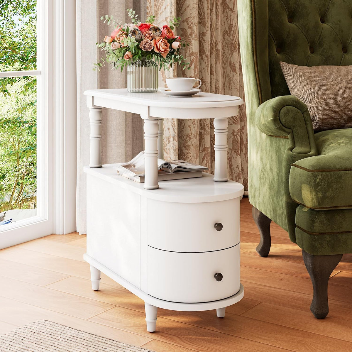 PADMA HOUSE Solid Wood End Table with 2 Drawers, Narrow Sofa Side Table Slim Chair Side Table with Storage Shelf, Vintage Slim Nightstand Bedside Table, White，BG-A508-WT