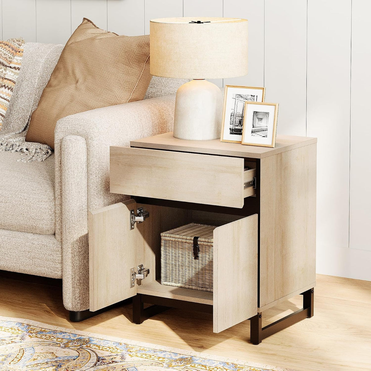 WAMPAT 2 Pack Modern End Table with 1 Drawer & 1 Storage Cabinet, Farmhouse Sofa Table with 2 Open Door, Wood Rustic Side End Table for Living Room, Nighstand for Bedroom, Light Oak