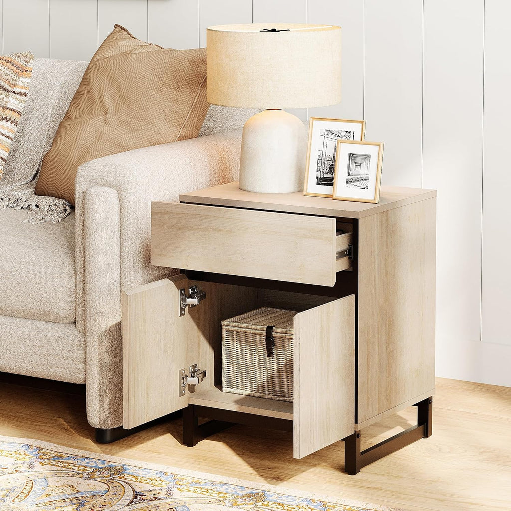 WAMPAT 2 Pack Nightstand with 1 Drawer and 1 Storage Cabinet, Modern Bedside Table with 2 Open Door for Bedroom, Wood Rustic Side End Table for Living Room, Light Oak