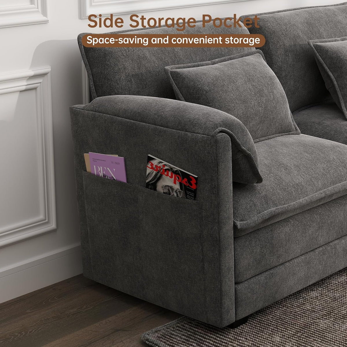Modular Sectional Sofa, 111'' U Shaped Couch, Chenille Sofa with Movable Ottoman for Apartments, Living Room and Commercial Space, Dark Gray