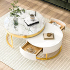 32" Space Saving Nesting End Table, Nesting End Tables with Storage Drawers, Coffee Table Set with Sleek Modern Design for Versatile Home Usage, Golden+White