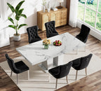 Faux Marble Extendable Dining Table Set for 6, Modern White Kitchen Table Set with 6 Black Tufted Chairs, 7 Piece Extendable Dining Table Set, 63"-78.7" Expandable Dining Table with Sturdy Base