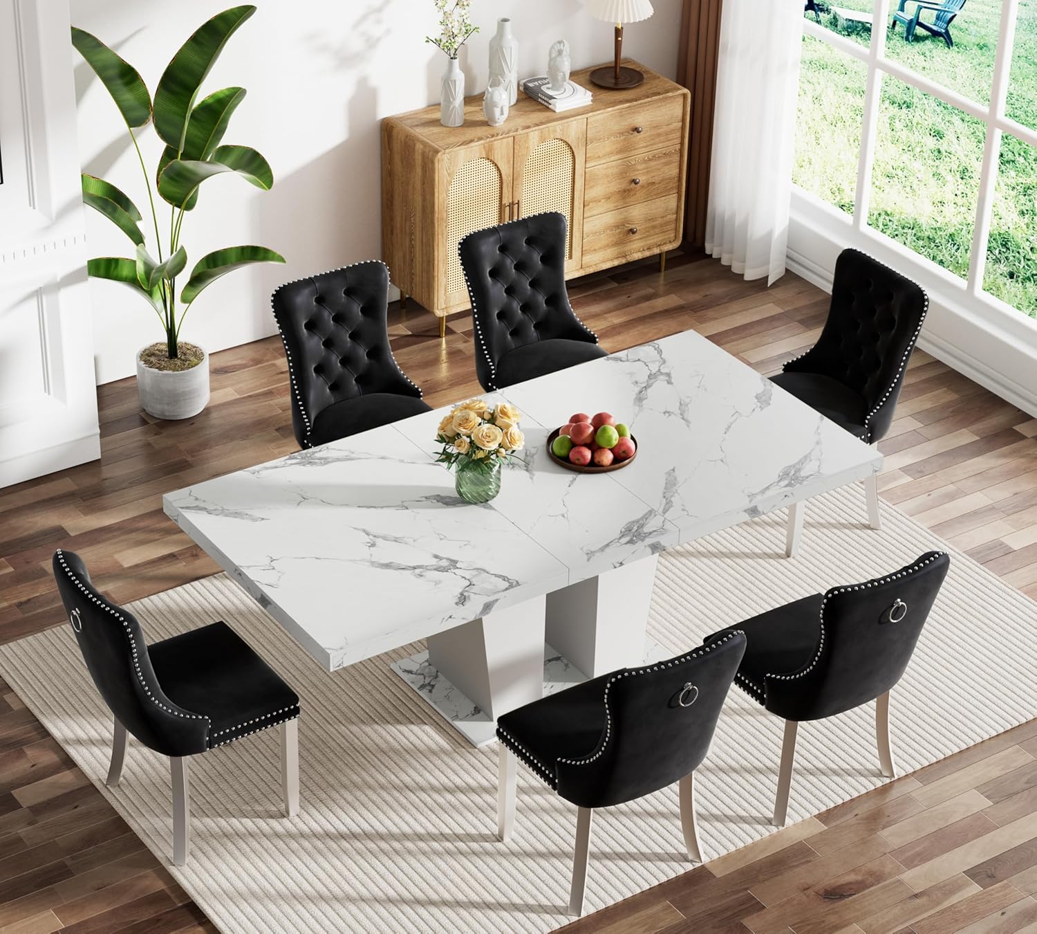 Faux Marble Extendable Dining Table Set for 6, Modern White Kitchen Table Set with 6 Black Tufted Chairs, 7 Piece Extendable Dining Table Set, 63"-78.7" Expandable Dining Table with Sturdy Base
