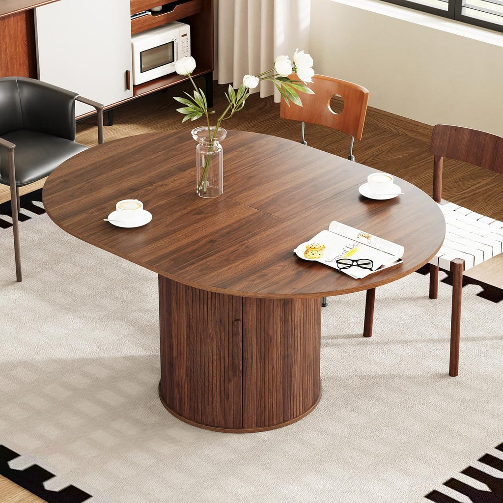 weselon 43"-59" Extendable Round to Oval Dining Table with Hidden Storage, Modern Wooden Kitchen Table with Fluted Sliding Door Cabinet, Expandable Dinner Table for Dining Room Living Room (Walnut)