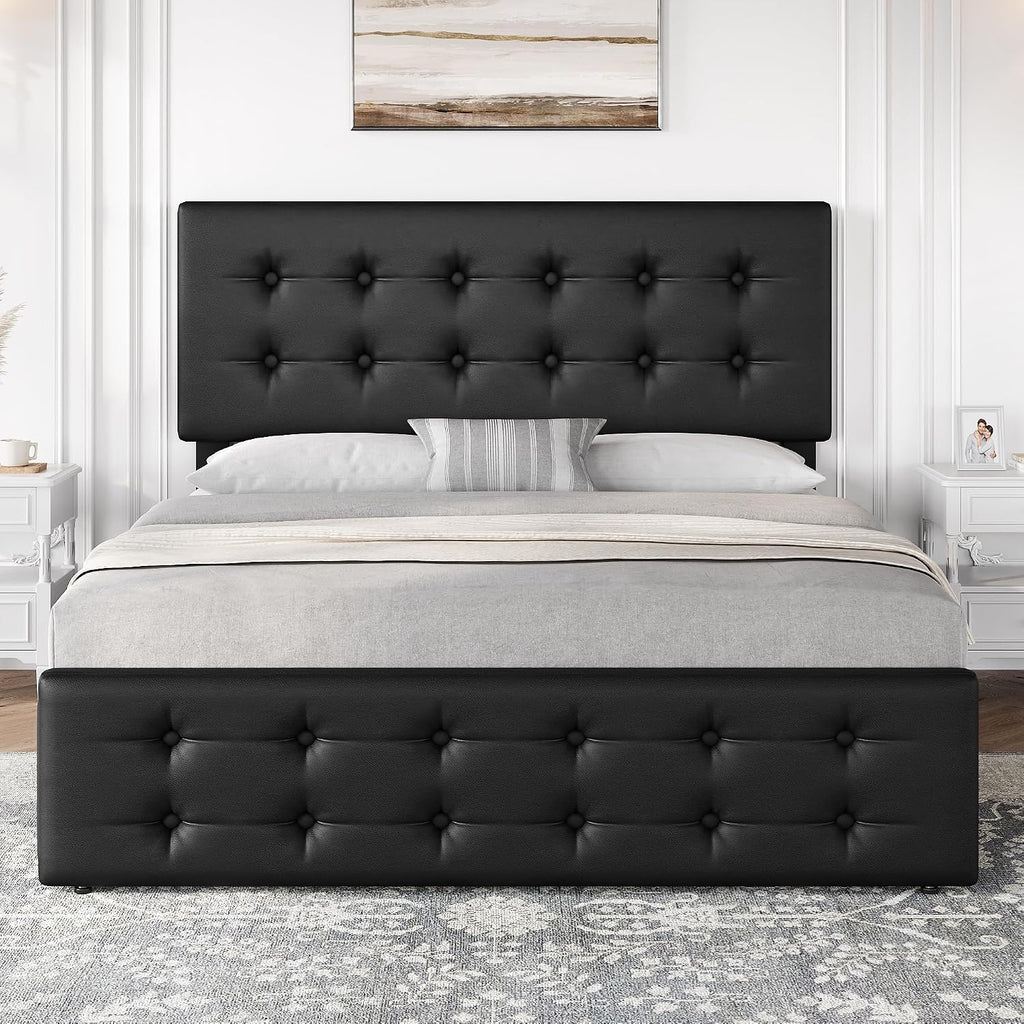 IDEALHOUSE Queen Size Bed Frame with 4 Storage Drawers and Headboard, Black