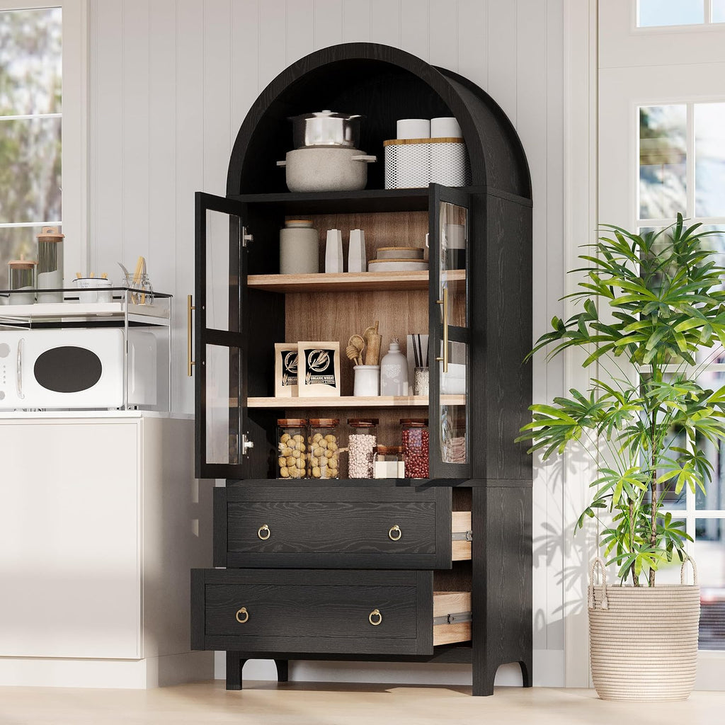 71" Tall Arched Kitchen Pantry Cabinet with 2 Drawers & Glass Doors, Modern Farmhouse Freestanding Storage Cabinet with Adjustable Shelves for Kitchen, Dining Room, Home Organizer(Black)