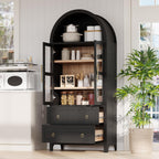 71" Tall Arched Kitchen Pantry Cabinet with 2 Drawers & Glass Doors, Modern Farmhouse Freestanding Storage Cabinet with Adjustable Shelves for Kitchen, Dining Room, Home Organizer(Black)