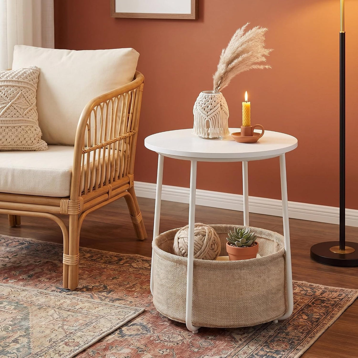 Nordic Minimalist Round Side Table with Reinforced U-Shaped Steel Frame, High-Strength Particleboard Top and Wrinkle-Resistant Double-Layer Polyester Fabric Storage Basket