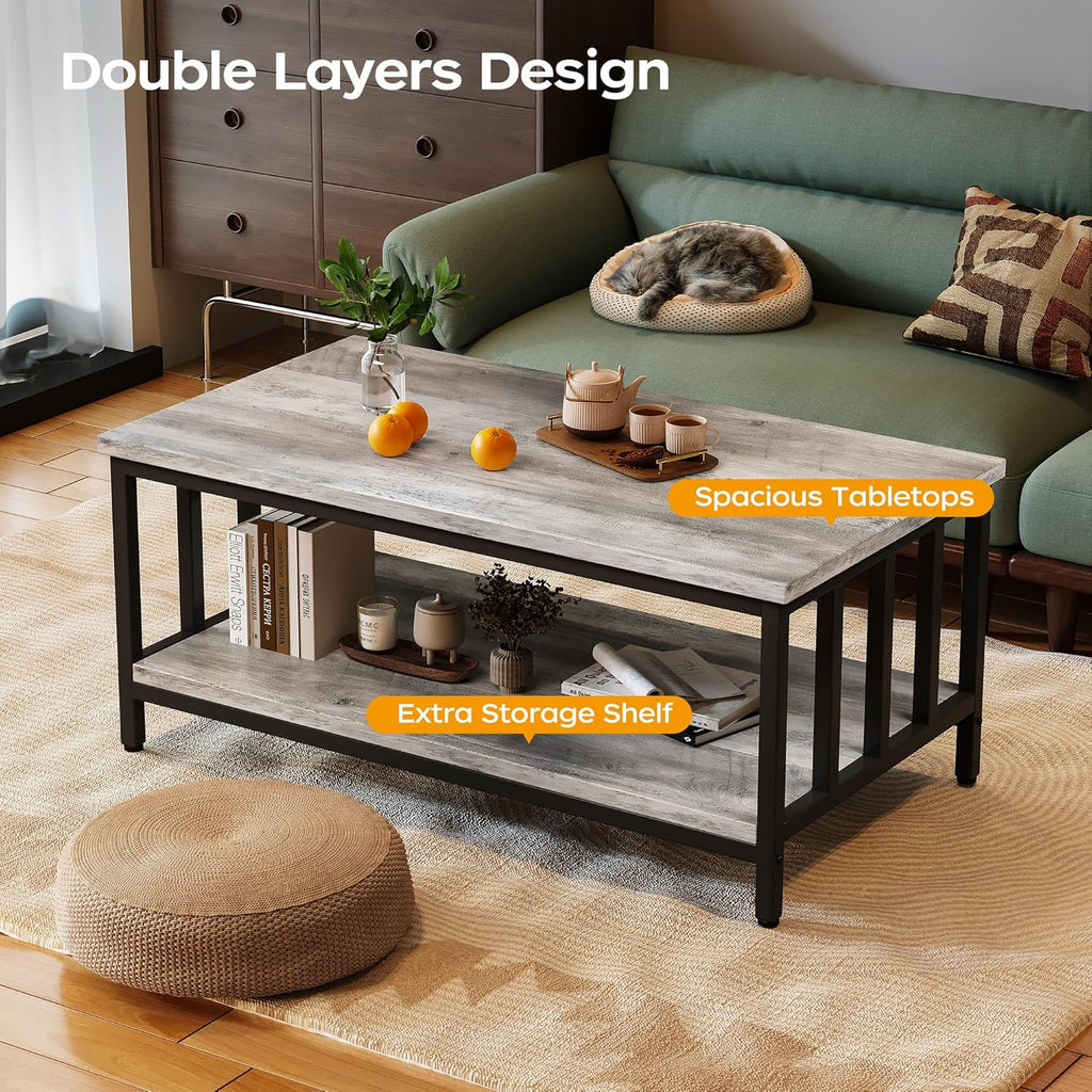 Homeiju Coffee Table for Living Room with Slatted Sides Frame, Modern Farmhouse Living Room Table with 2-Tier Storage Shelf for Home Office, Apartment, Grey Wash, 39 inch