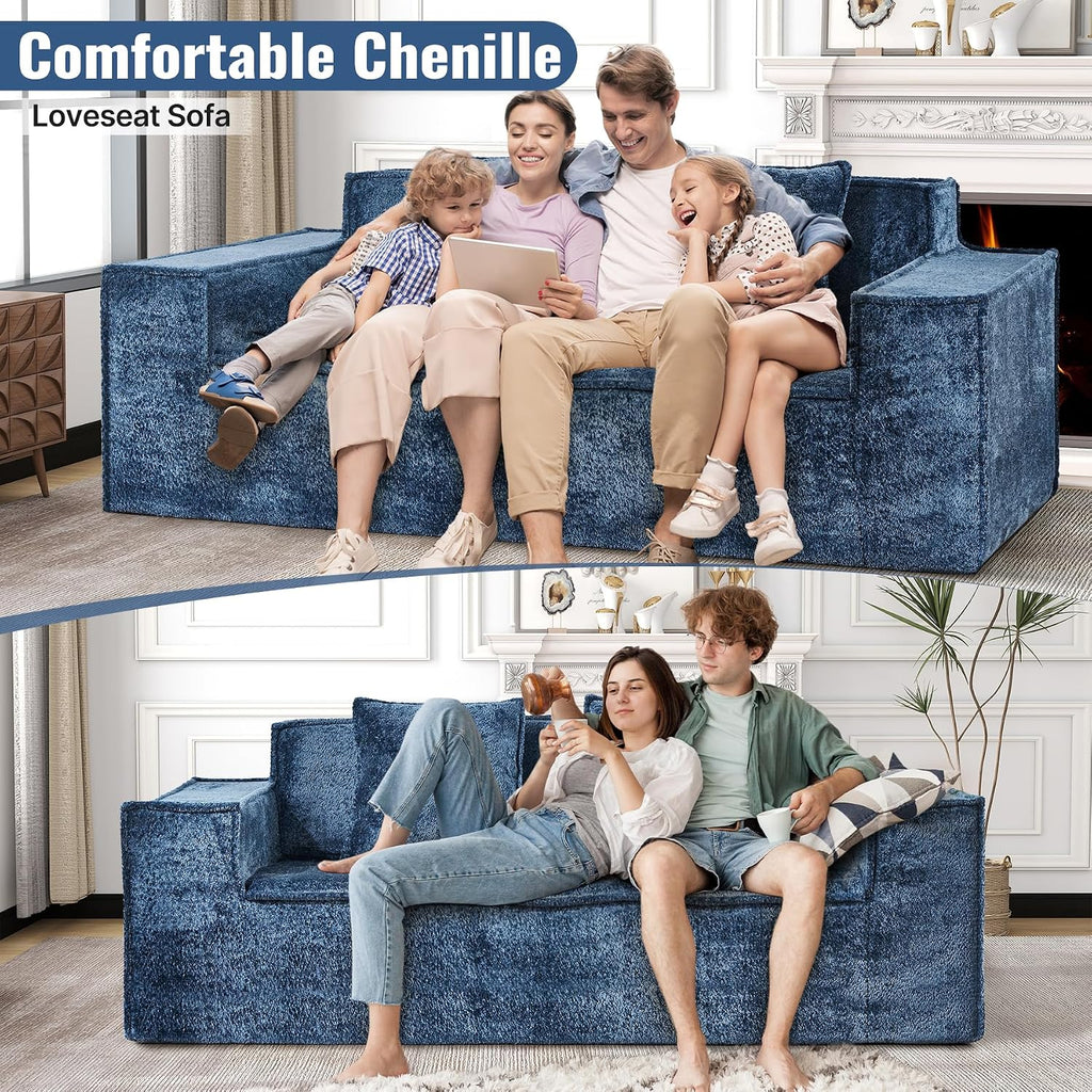 77'' Chenille Upholstered Modern Cloud Loveseat Sofa, No Assembly Required Deep Seat Couches Includes 2 pcs Pillows for Living Room, Bedroom, Apartment(Blue)
