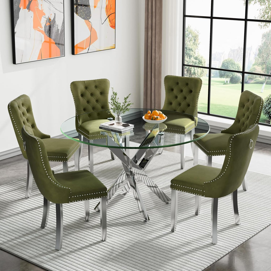 Henf 7 Piece Round Dining Table Set with 6 Upholstered Chairs, 47'' Glass Round Kitchen Table Set for 6, X-Shape Metal Legs, Modern Silver Glass Dining Table and Chair Set for 6