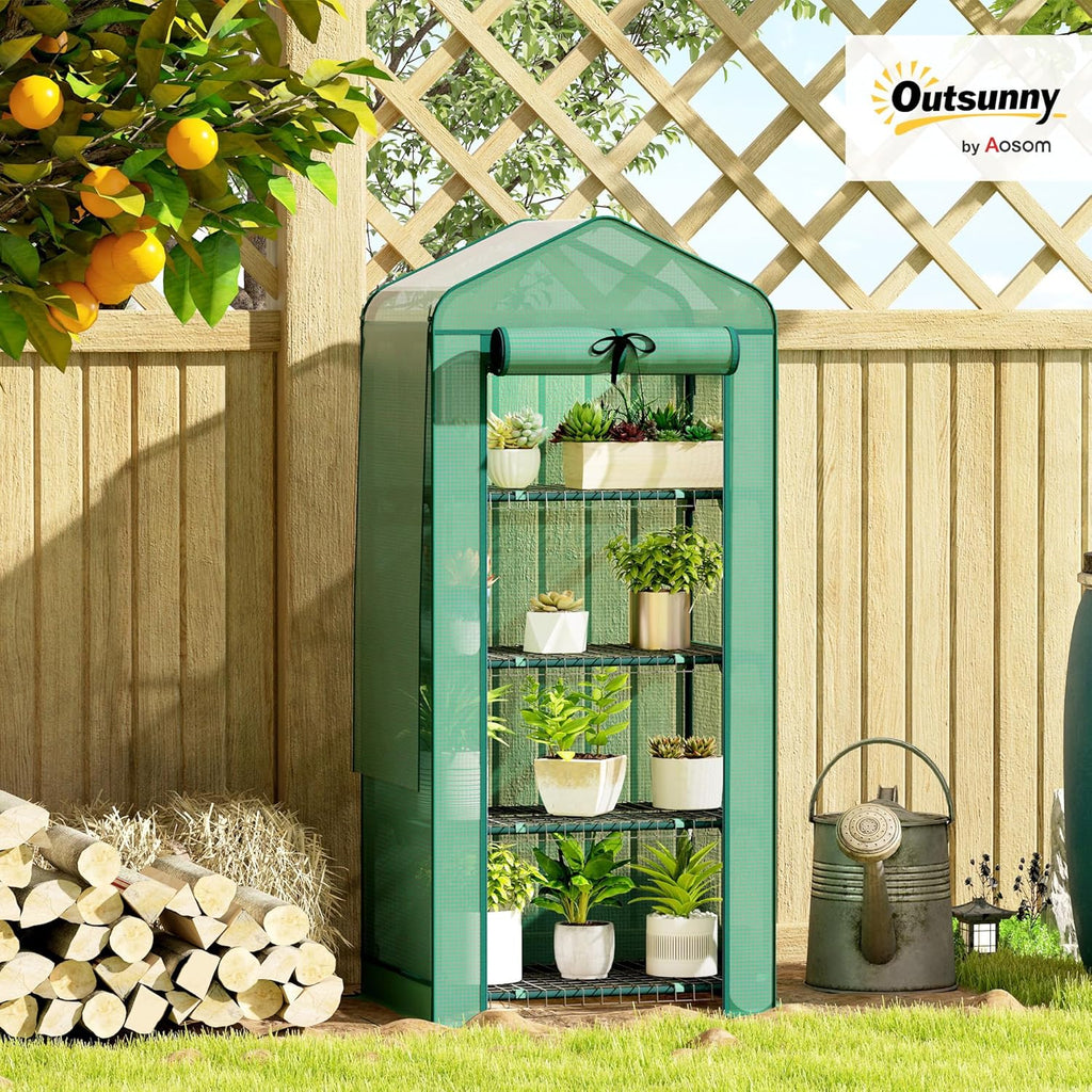 Outsunny 4 Tier Mini Greenhouse with Screen Roof, 27.6" x 19.7" x 62.2", Portable Small Greenhouse with High Strength PE Cover, Roll-Up Zipper Door for Garden Yard Backyard, Green