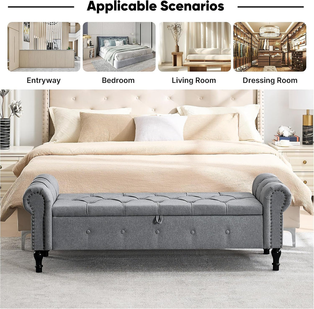 Storage Bench 67" Linen End of Bed Benches Grey | King Size Storage Bench for Bedroom with Rolled Arms Tufted Ottoman Benches Upholstered Bench for Living Room Entryway