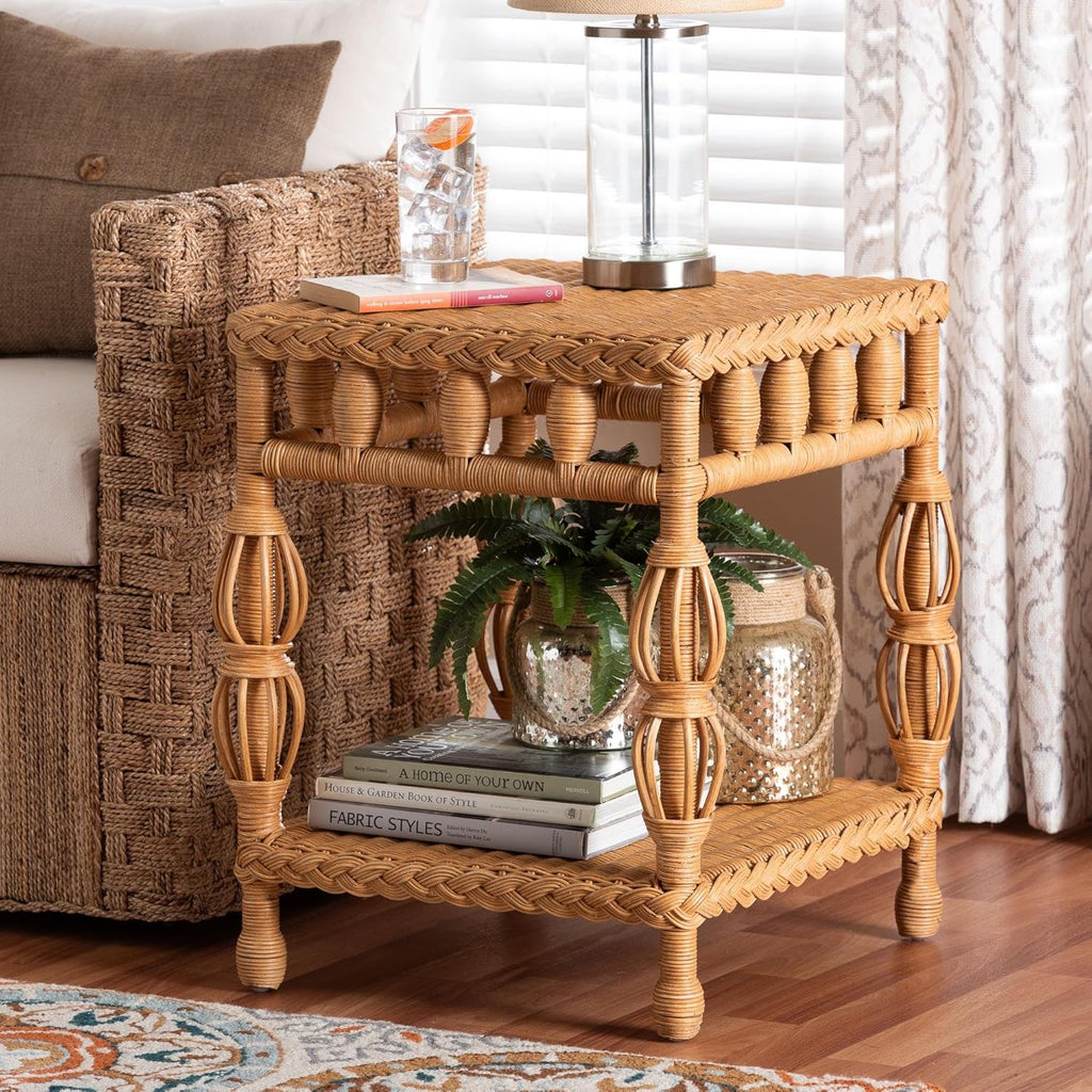 Bali & pari Dolby Natural Rattan End Table - Handwoven Wicker Side Table with Lower Shelf, Coastal Boho Style Accent Table for Living Room or Bedroom