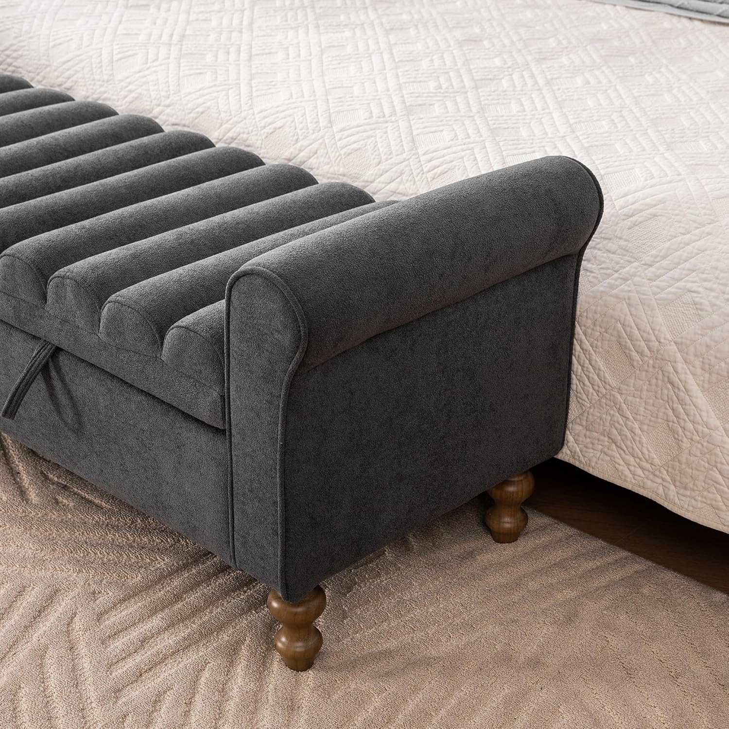 65" Bench with Storage, End of Bed Bench with Rolled Arms, Upholstered Bedroom Bench with Storages, Storage Ottoman Bench for Bedroom, Living Room, Entryway, Hallway, Dormitory, Foot Rest, Charcoal