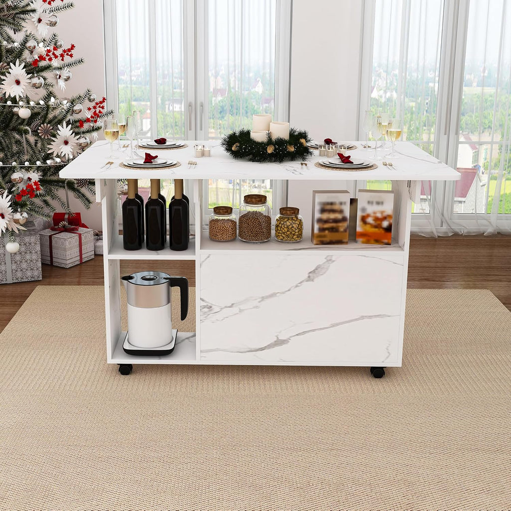 Multi-Functional Folding Dining Table Kitchen Island with Storage Shelves and Wheels, Space Saving Dining Tables Compact Desk for Dining Room, Kitchen, Dorm, Office (White)