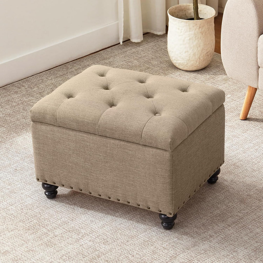 Zihanhome Small Ottoman with Storage, Upholstered Button Tufted Ottoman Foot Rest, Foot Stools, 24" Rectangle Bench with Storage for Living Room, Bedroom, Dorms and Apartments (Brown)