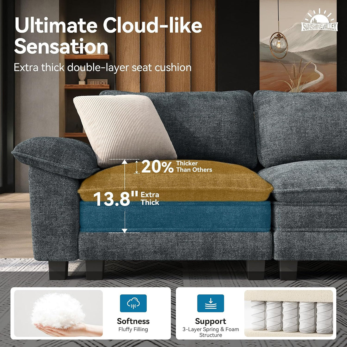 SUNSHINE VALLEY 157.5" U Shaped Modular Cloud Couch Sectional Sofa Ottoman | Chenille Blue, Modern Oversized 6-Seater, Living Room Furniture , Wider Armrest, Comfy Deep Seat, Sturdy Wood Frame