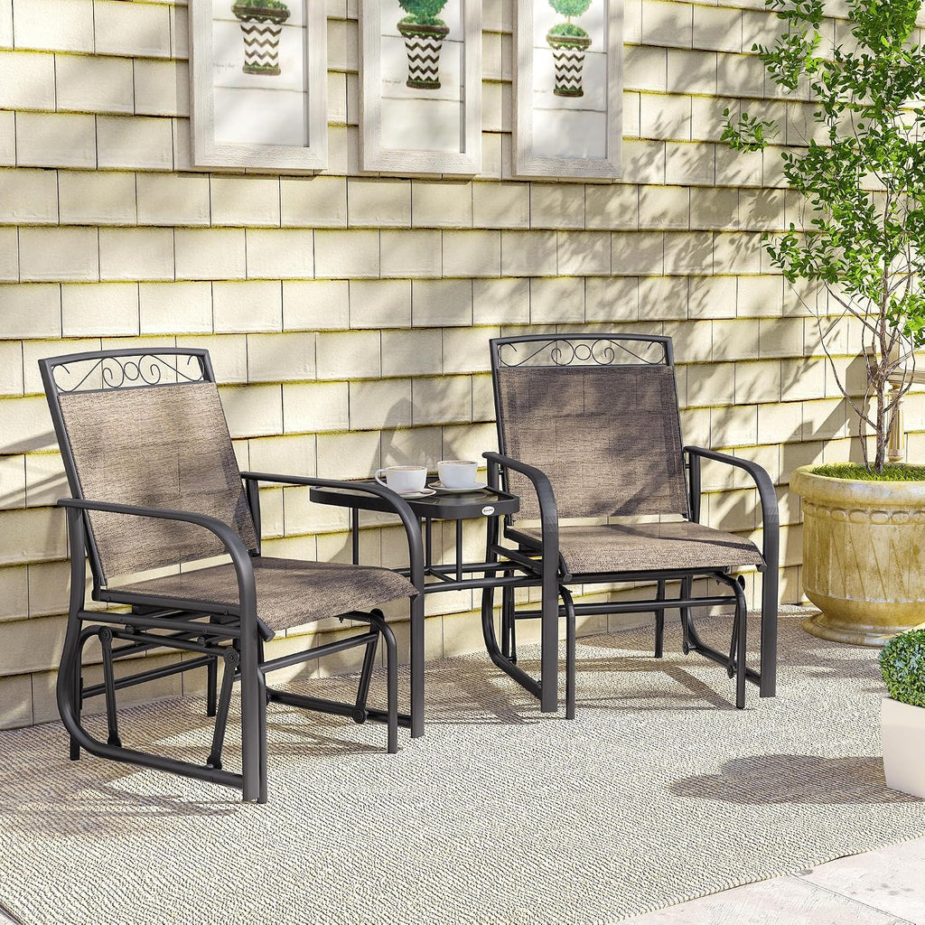 Outsunny Outdoor Glider Chairs with Coffee Table Patio 2-Seat Brown | Rocking Chair Swing, Breathable Sling, Backyard, Garden, Porch