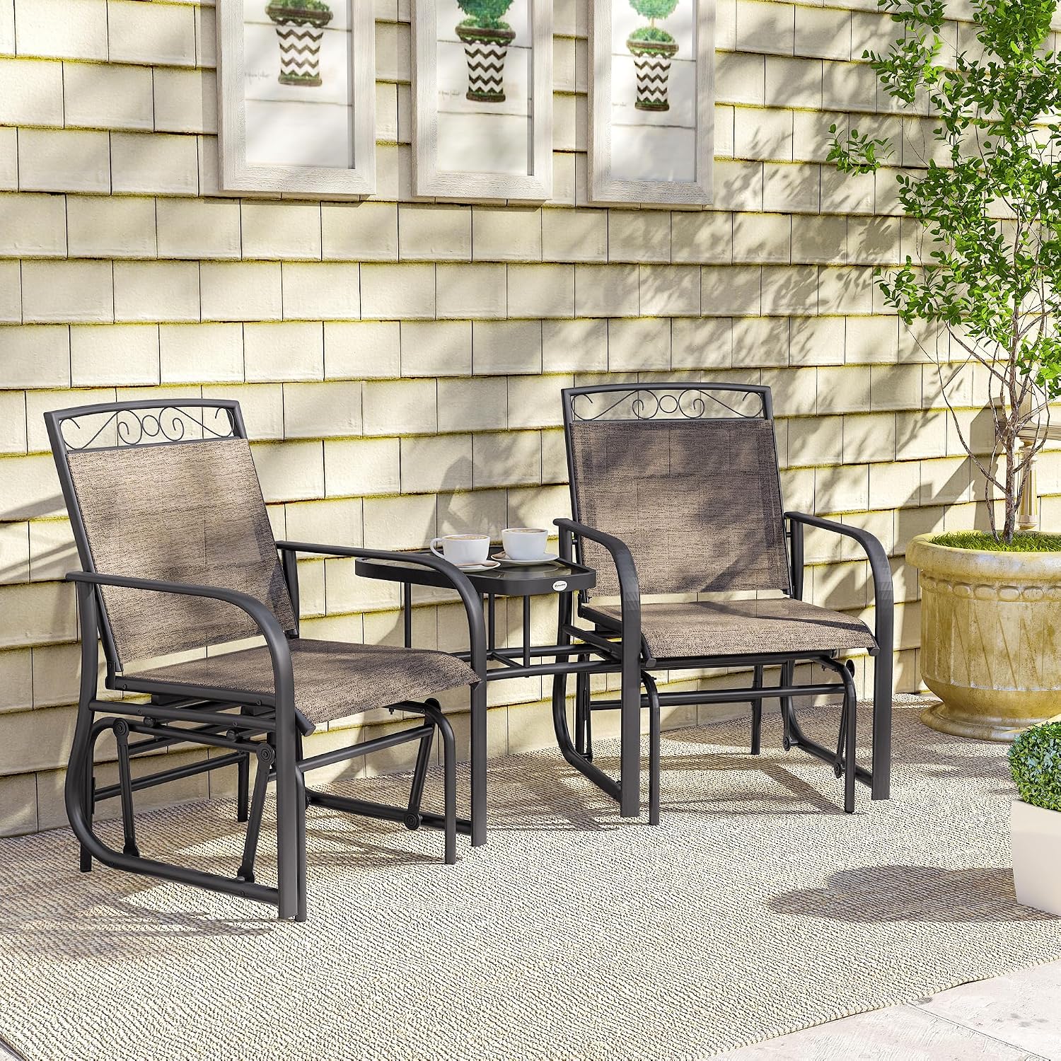 Outsunny Outdoor Glider Chairs with Coffee Table Patio 2-Seat Brown | Rocking Chair Swing, Breathable Sling, Backyard, Garden, Porch