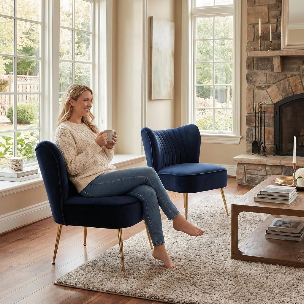 DUOMAY Modern Accent Chair Set of 2 Velvet Slipper Chair with Gold Legs Wingback Side Chair for Living Room Bedroom Entryway Small Corner Chair for Space Saving, Blue