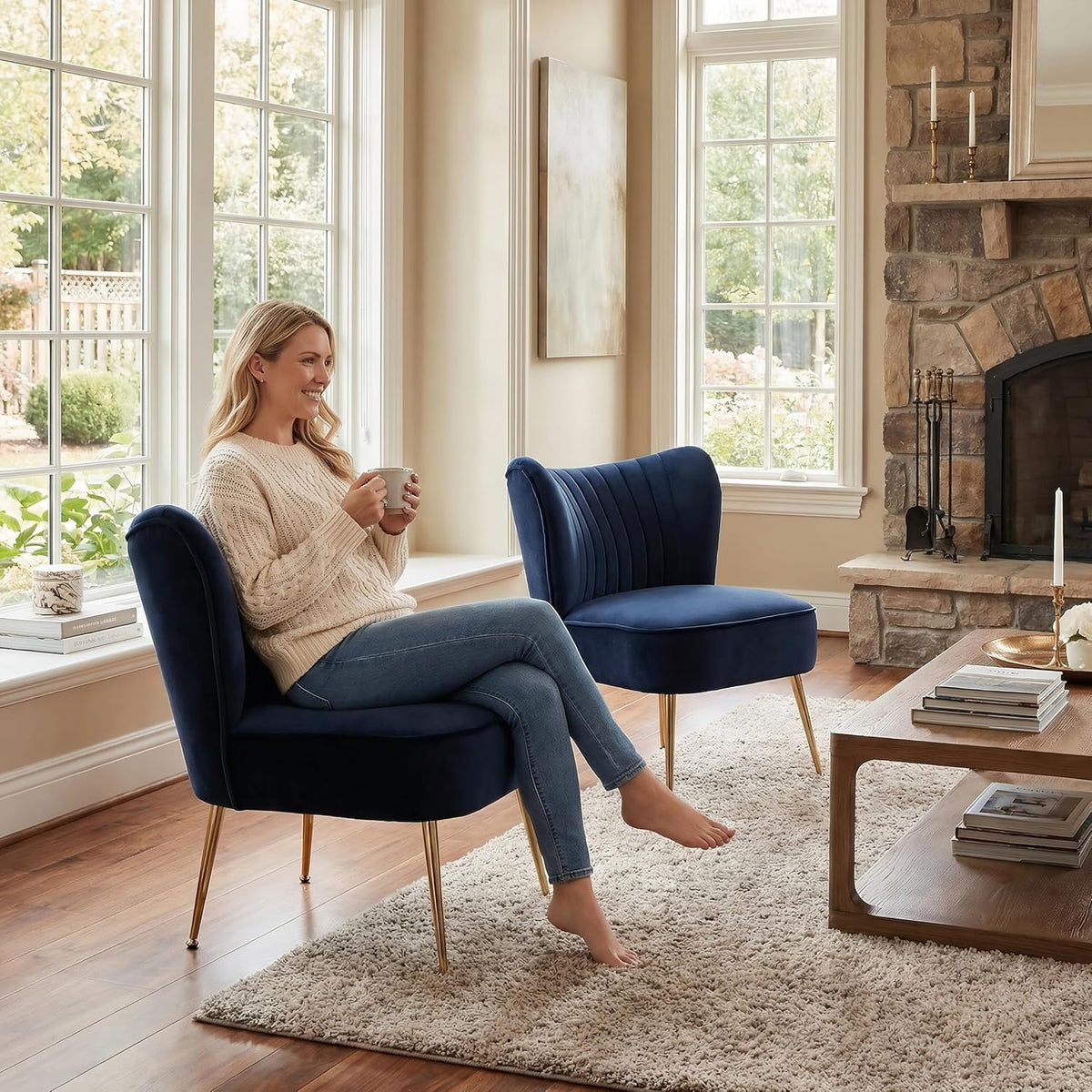 DUOMAY Modern Accent Chair Set of 2 Velvet Slipper Chair with Gold Legs Wingback Side Chair for Living Room Bedroom Entryway Small Corner Chair for Space Saving, Blue