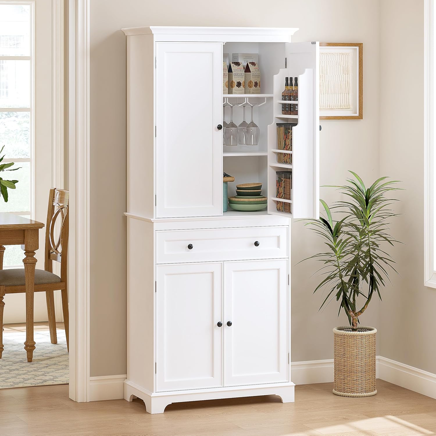 Spirich 71'' Tall Kitchen Pantry Cabinet, Wood Food Pantry Cabinet with Drawers and Wine Glass Rack, Freestanding Storage Cabinet for Kitchen, Living Room, Dining Room, White