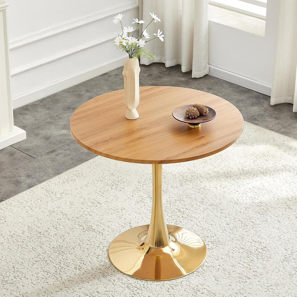 Round Dining Table for Small Space,32" Tulip Tables with Gold Metal Pedestal Base,Bistro Table for 2/3/4 People for Office,Apartment,Kitchen,Break Room(Only Table)