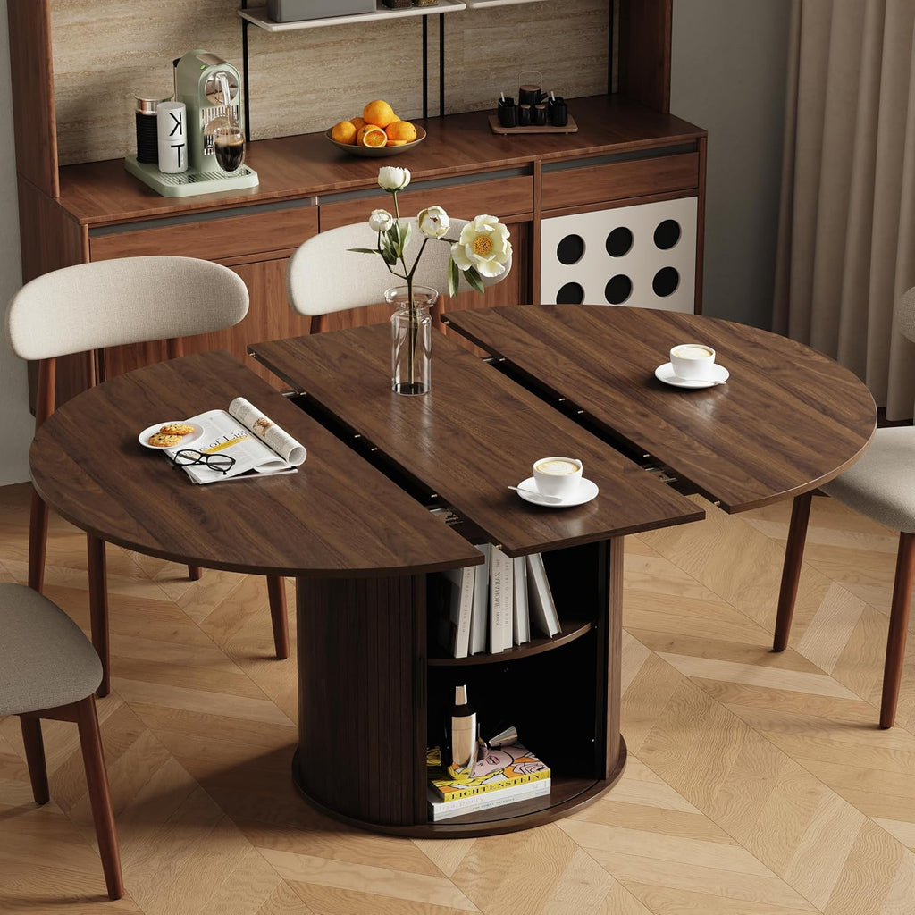 47''-63'' Extendable Round Dining Table for 4-6, Round Dining Room Table with Hidden Storage, Modern Wooden Kitchen Table with Fluted Sliding Door Cabinet for Dining Room Kitchen, Walnut