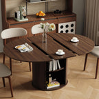 47''-63'' Extendable Round Dining Table for 4-6, Round Dining Room Table with Hidden Storage, Modern Wooden Kitchen Table with Fluted Sliding Door Cabinet for Dining Room Kitchen, Walnut